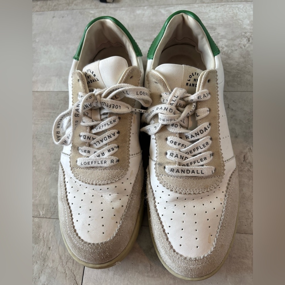 Loeffler Randall White Suede Leather Low Top Sneakers Green Heel | Size 11